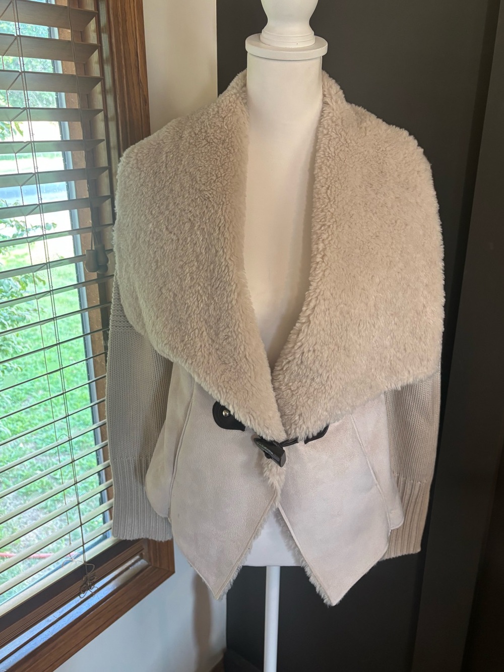 Blanc Noir Faux Shearling Mixed Media Sweater Jacket Cream S